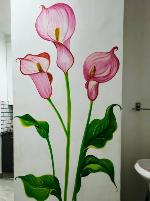 Calla Lilies: Tall pink calla lilies with sweeping leaves, painted to wrap around a corner wall.