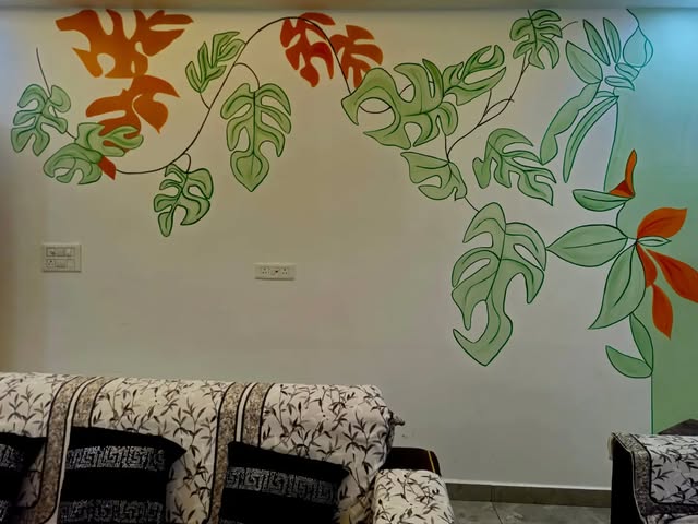 Monstera Drift: Monstera and tropical leaves in green and burnt orange, trailing across a living room wall.